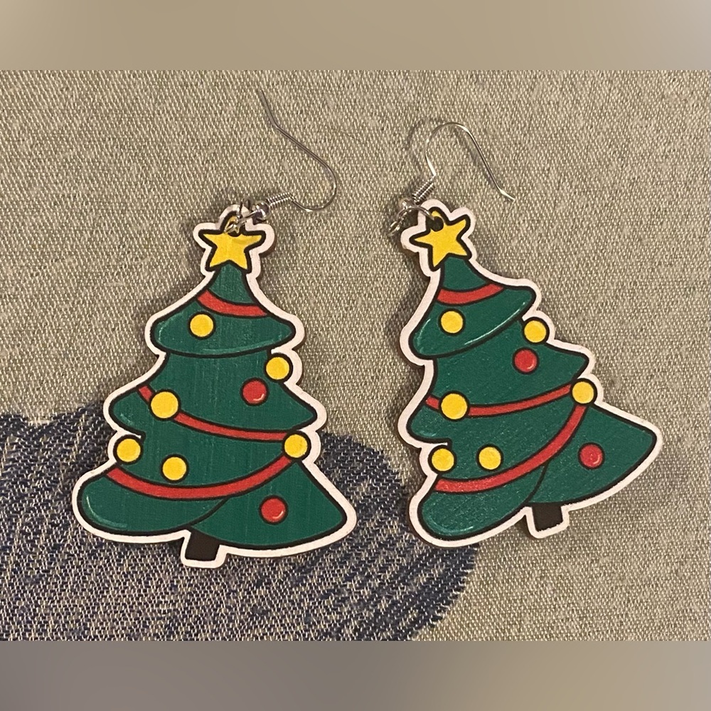 Festive Wooden Christmas Tree Earrings